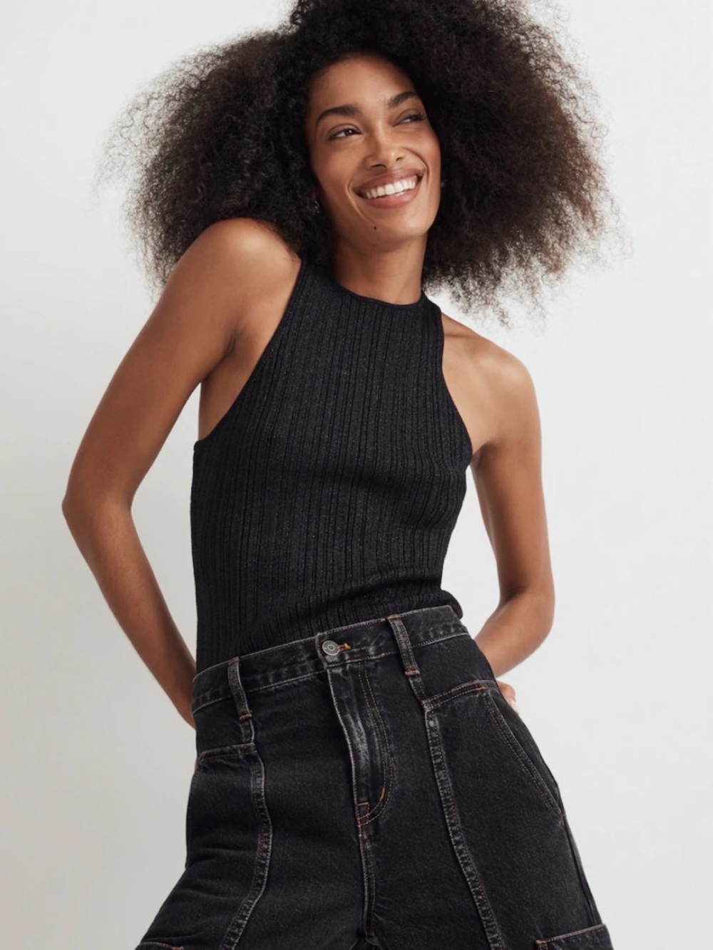 Madewell Shimmery Ribbed Tank Top in Black